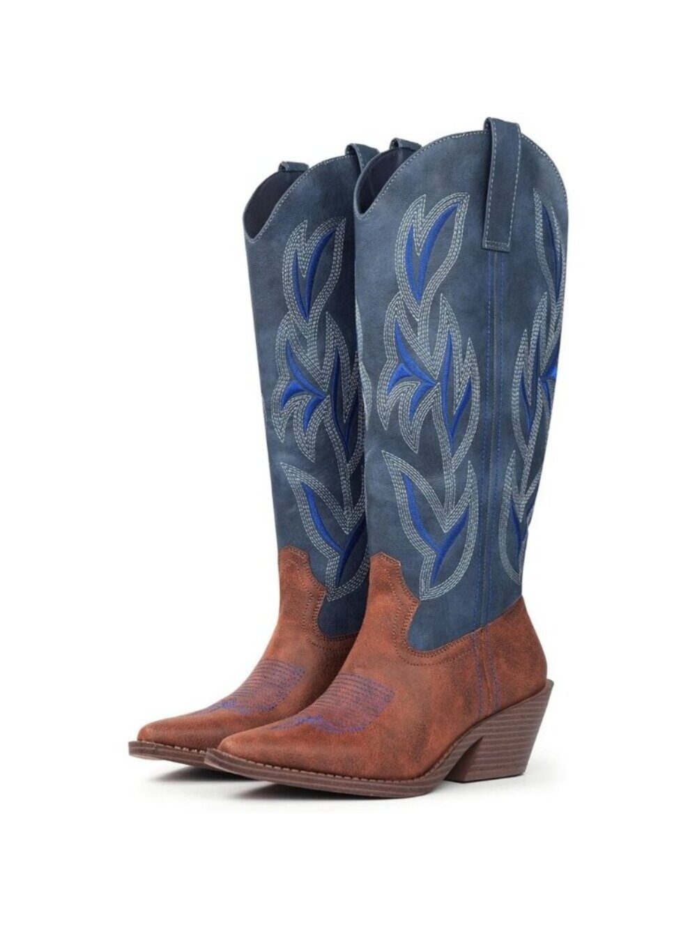 Women's Blue Knee High Snip Toe Faux Leather Classic Embroidered Western Boots